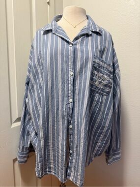 Victoria's Secret Blue and White Vertical Stripe Button-Down
